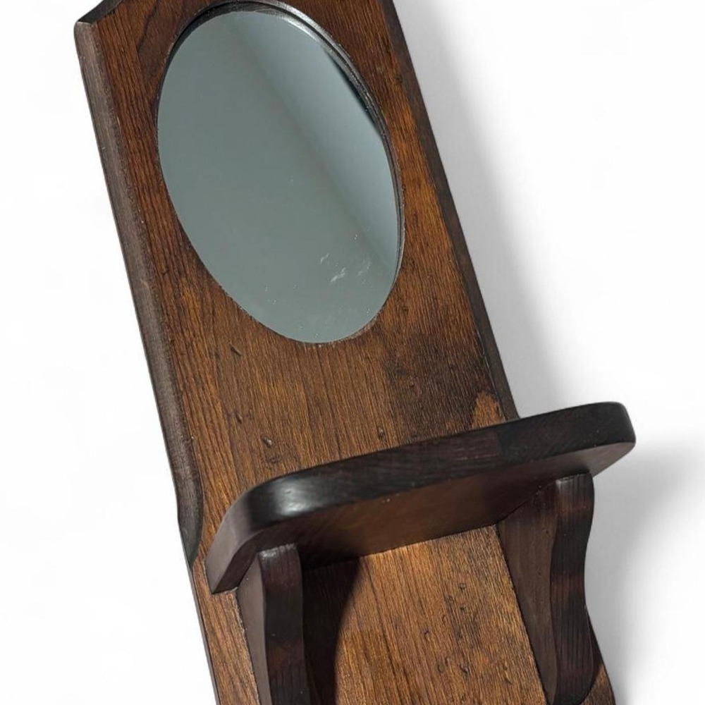 Vintage Solid Oak Wall Shaving Mirror Shelf Soap Mug Holder Farmhouse Rustic